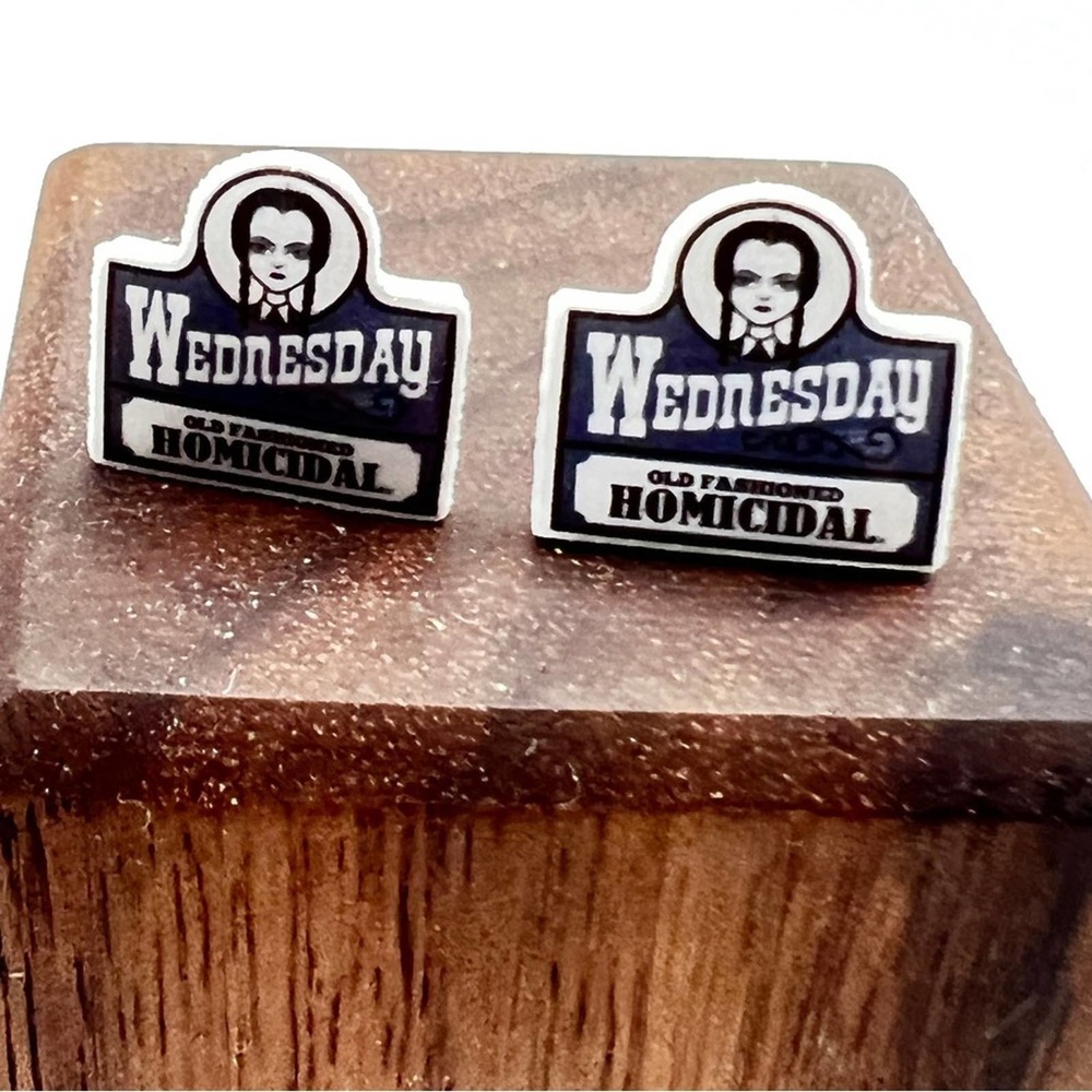 Wednesday Addams, Wendy’s logo small enamel stud earrings. Halloween goth. - Picture 7 of 9
